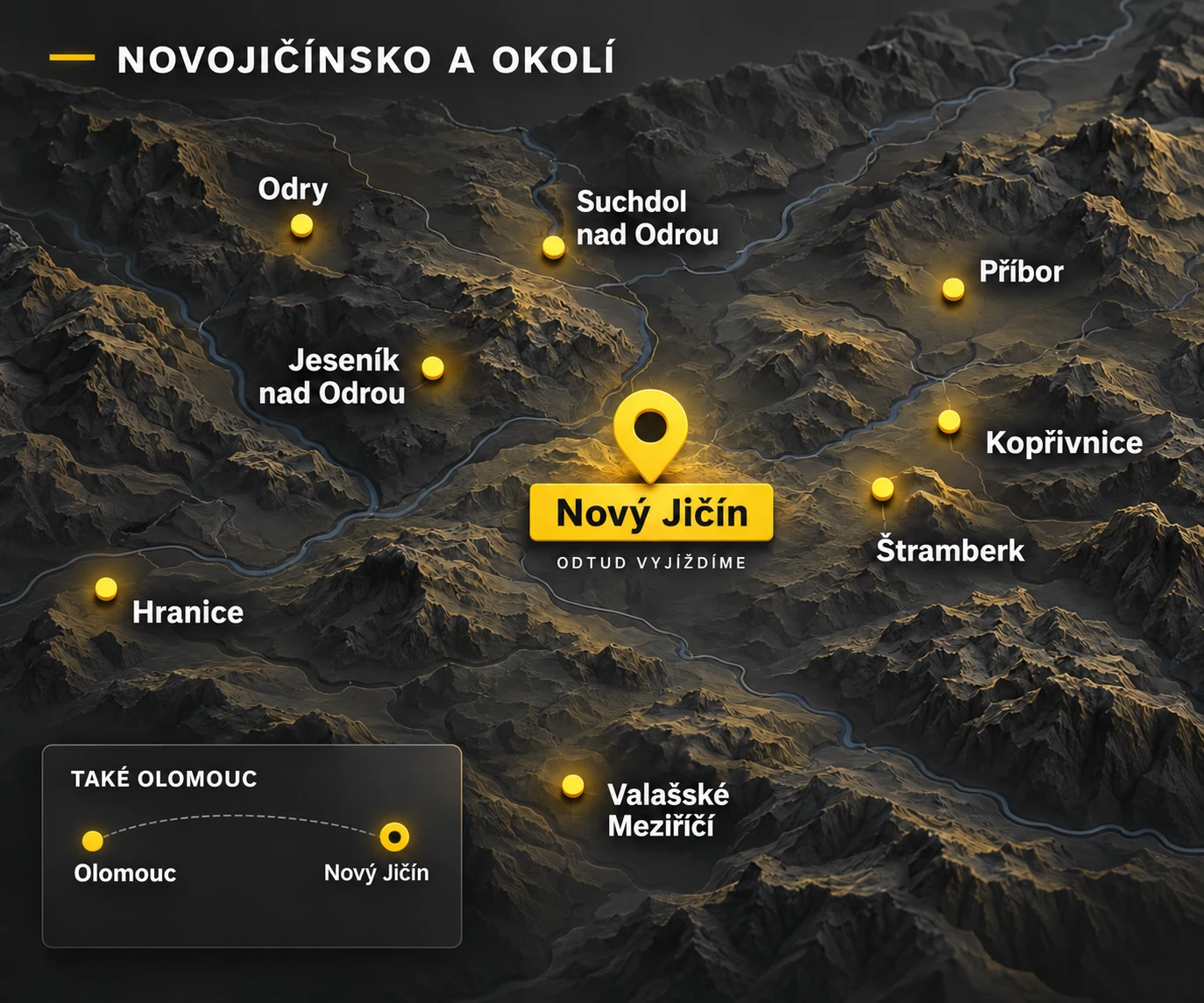 Oblast působení: Nový Jičín, Odry, Suchdol nad Odrou, Jeseník nad Odrou, Příbor, Kopřivnice, Štramberk, Hranice a Valašské Meziříčí. Olomouc je v samostatném přehledu vlevo dole.